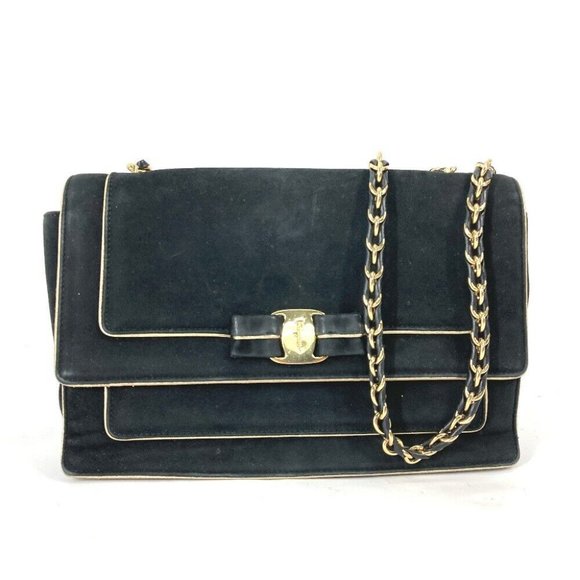 Auth Salvatore Ferragamo Crossbody bag Chain bag Vala Ribbon Shoulder Bag Black/ - Picture 1 of 14